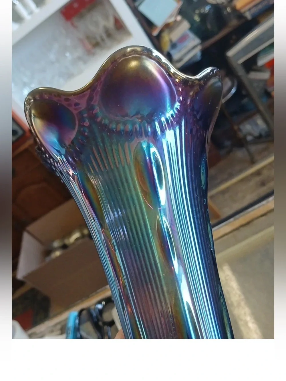 Carnival Glass Iridescent Amethyst Swung Vase 12 Inches Tall - Picture 2 of 2